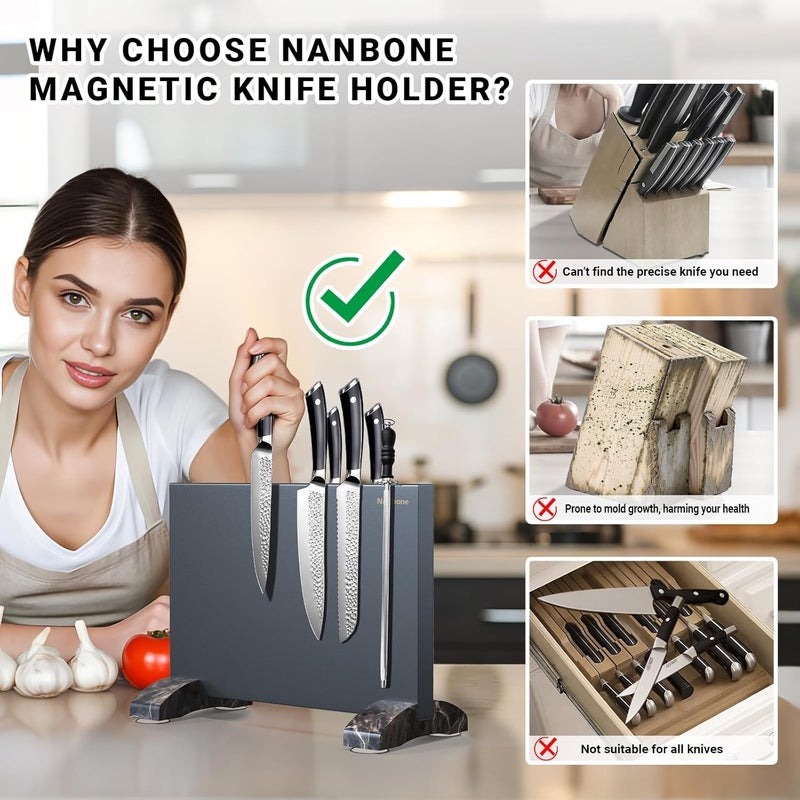 Nanbone Magnetic Knife Block Without Knives, Black Stainless Steel Magnetic Knife Holder Stand with Strong Knife Magnet Double Side Knife Magnetic Strip Knife Storage Organizer for Kitchen Counter Top - Image 4